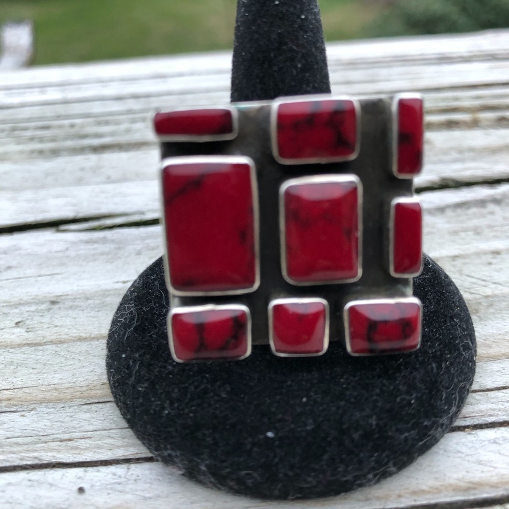 Vintage heavy square abstract cabochon set coral with black spots sterling ring